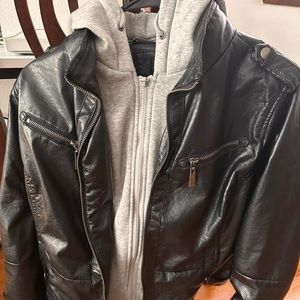 Pleather jacket with hood and grey sleeves